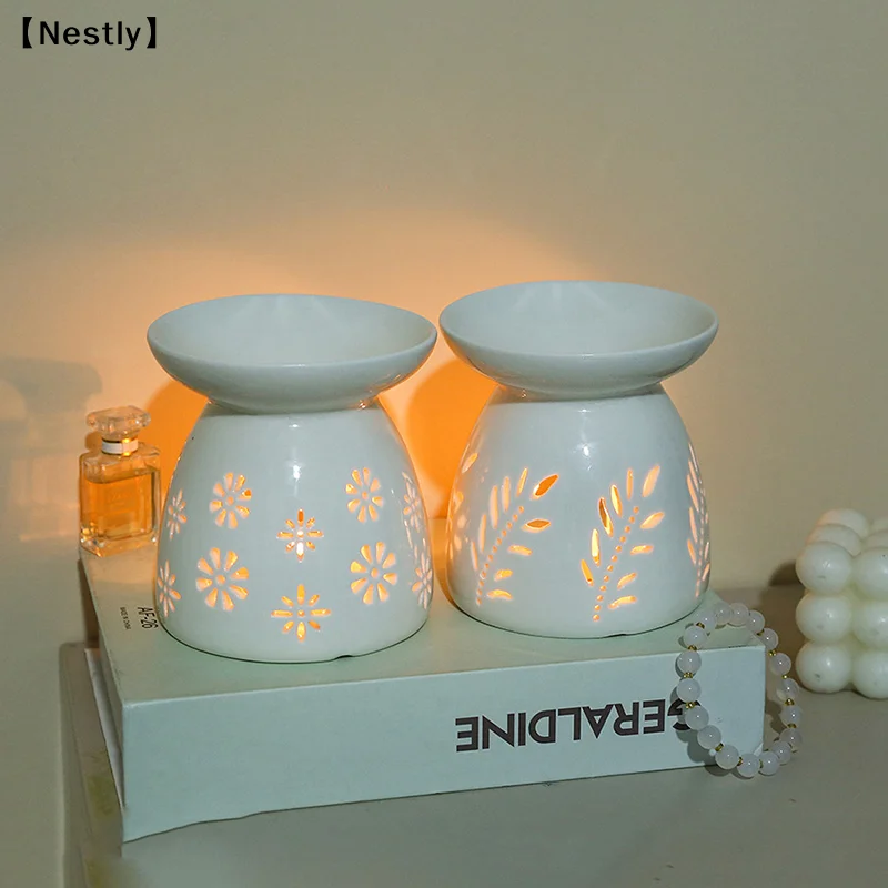 White Ceramic Incense Burner Candle Essential Oil Aromatherapy Diffuser Hollow Heating Stove Middle East Home Decor 〔Nest〕