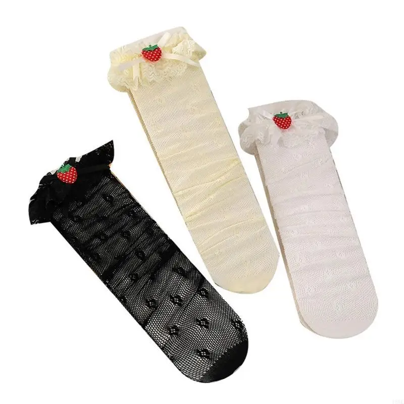 195E calcetines hasta rodilla encaje Floral verano para niñas, con lazo fresa bonitas con adornos volantes