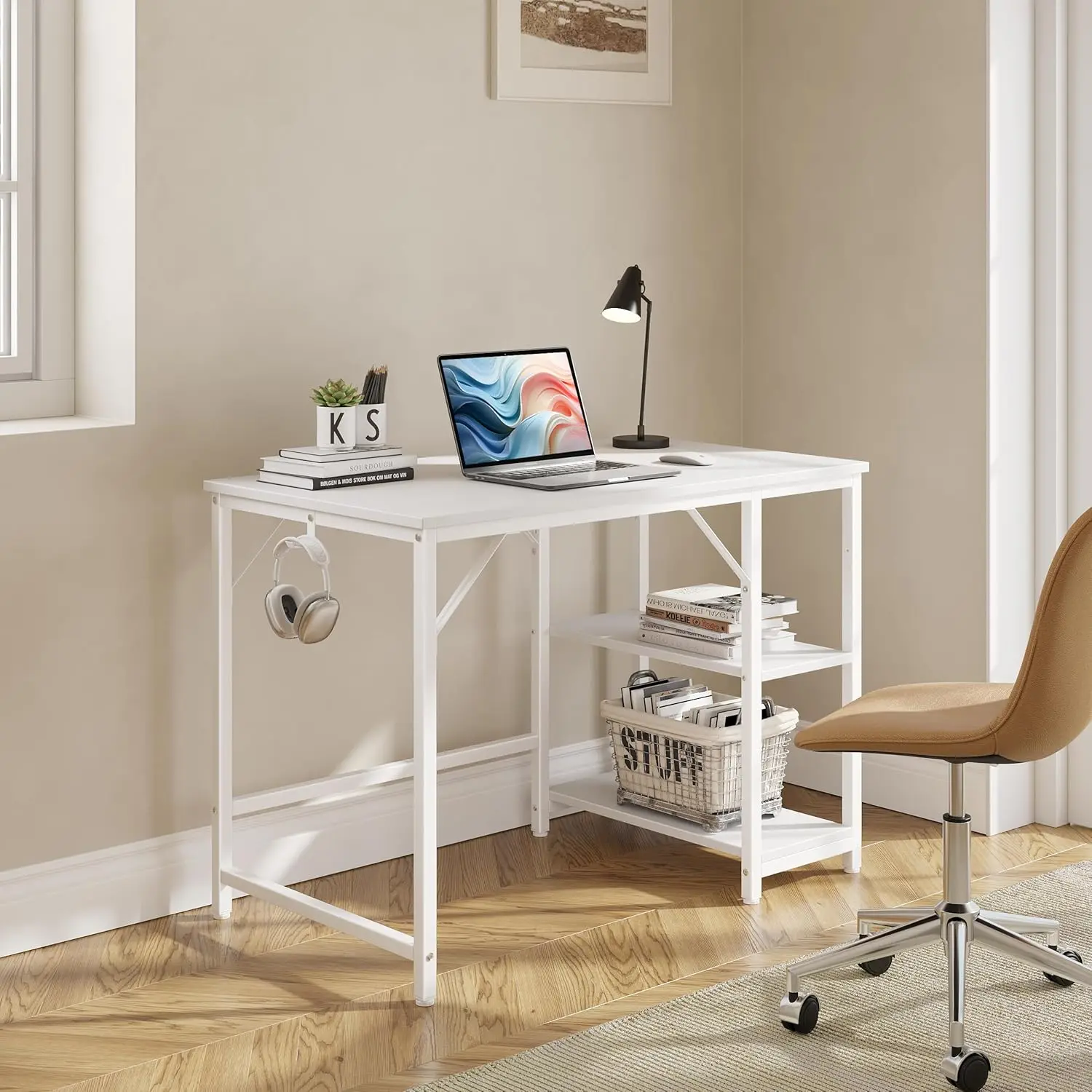 Home Office Computer Desk with Wooden Storage Shelf,Small Office White Desk and Gaming Table with Splice Board