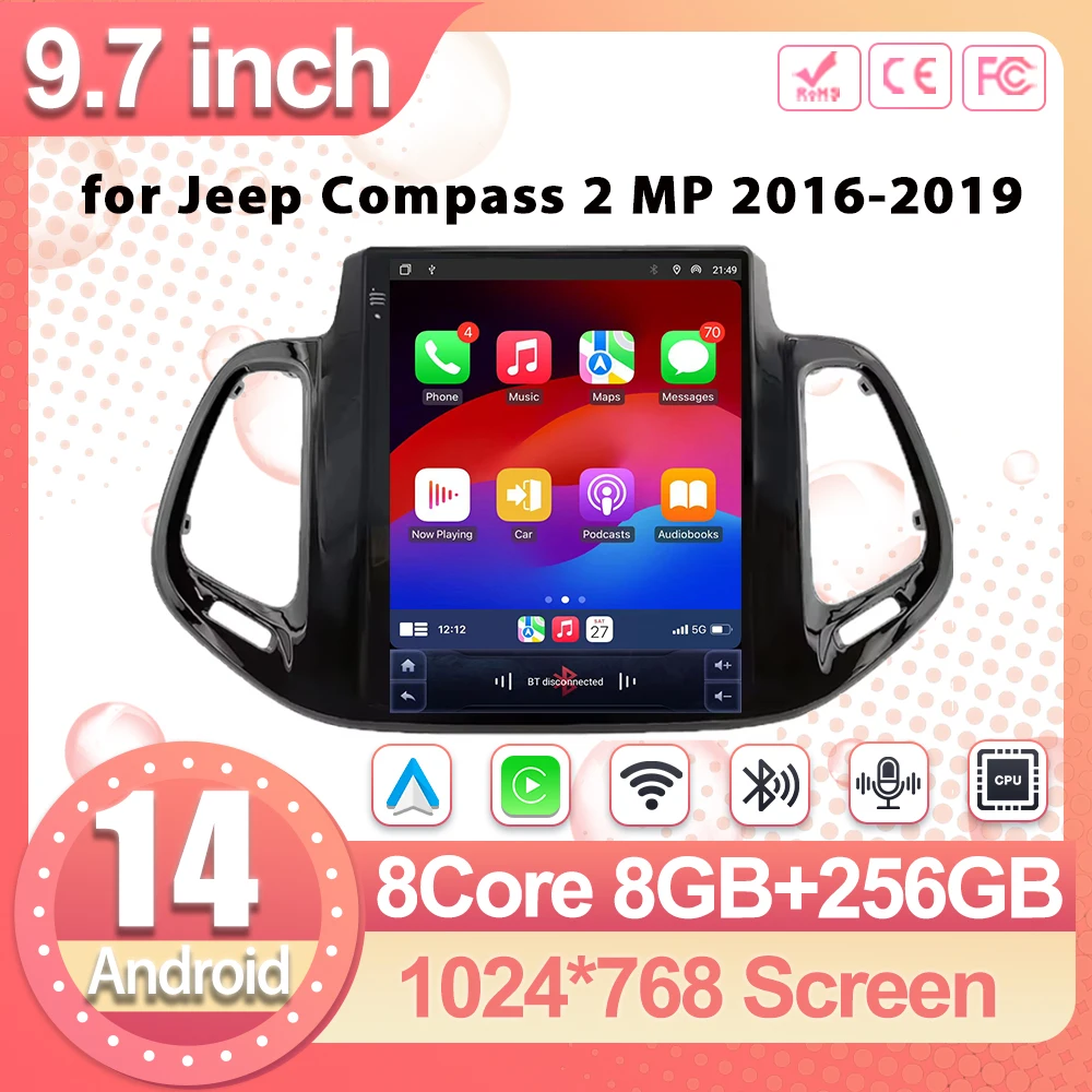 

9.7 ‘’ Car Radio for Jeep Compass 2 MP 2016-2019 Carplay Navigation GPS Stereo Android Auto Screen Multimedia Player 5G Wifi