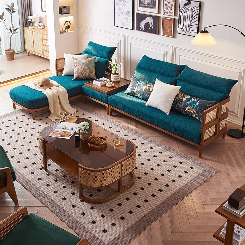 Sofa living room solid wood noble concubine three-seater simple white ash rattan woven sofa combo