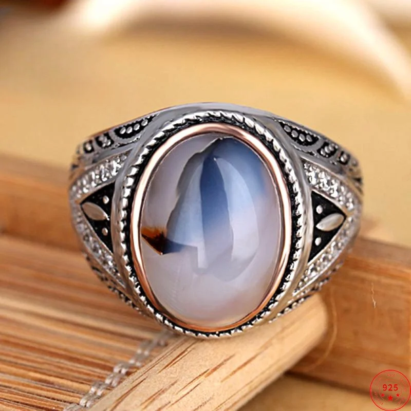 

Genuine S925 Sterling Silver Rings for Men New Fashion Ancient Totem Inlaid Agate Micro Zircon Enamel Punk Jewelry Wholesale