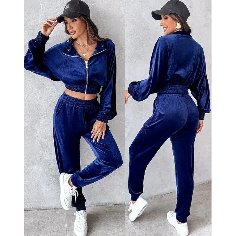 Velvet Sweatshirt And Jogging Pants Set Solid Color Casual Zipper Short Jackets + Elastic Waist Pocket Trouser Autumn Women Suit