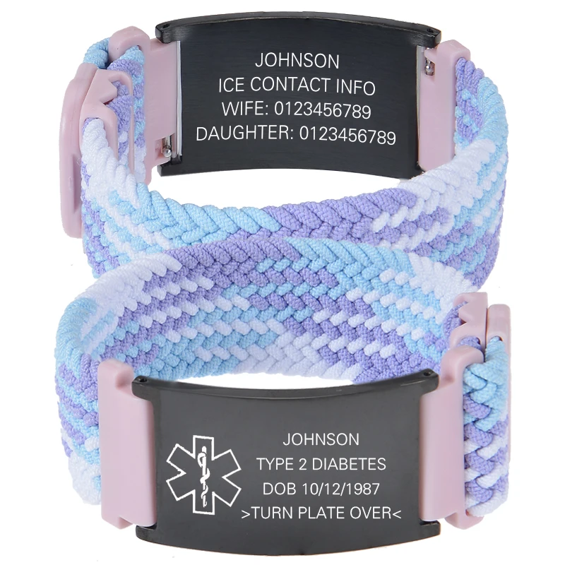 Personalisiertes Medizinisches Warnarmband Elastisches Nylon Individuell Graviertes Etikett Medizinisches ID-Armband Verstellbares Andenken-Geschenk für die Gesundheit – Detail 15