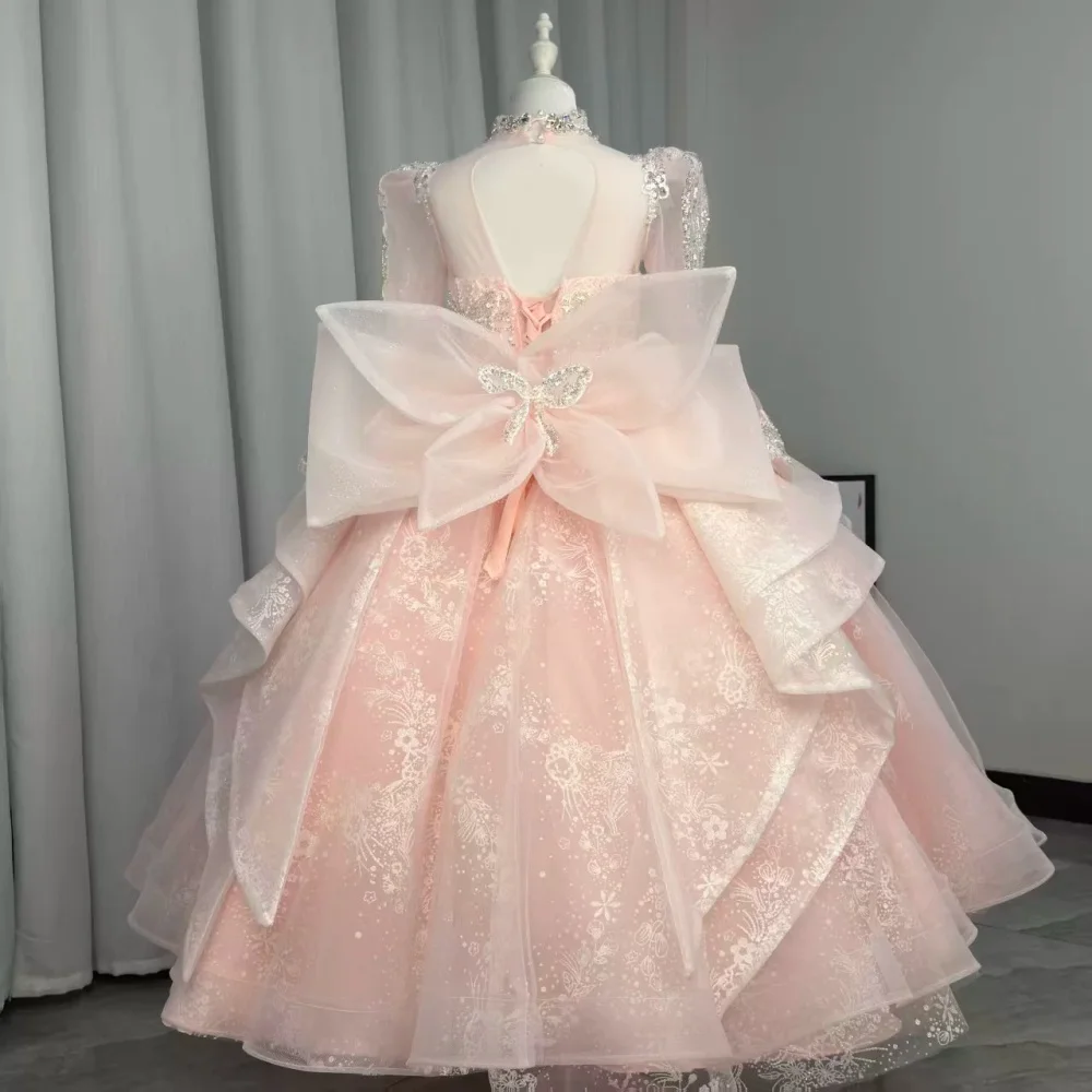 Pink Gorgeous Beaded Kids Princess Gown For Pageant Classic High Neck Long Sleeve Flower Girls Dress For Wedding 100-160cm