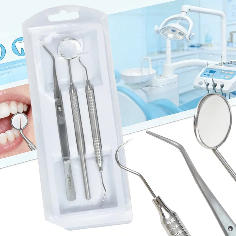 3Pcs Dental Stainless Steel Mirror Probe Pick Tweezer Kit Teeth Plaque Cleaning Mouth Mirror Set