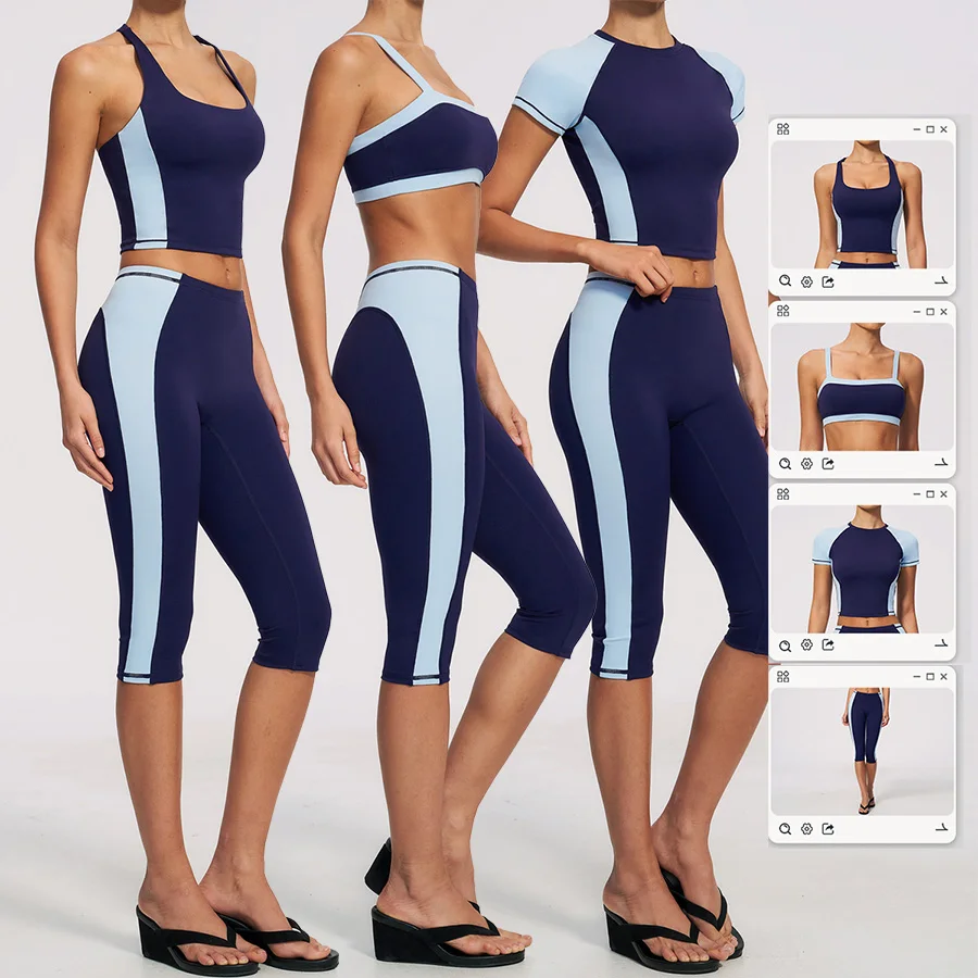 Yoga-Set 2-teilig Workout-Outfit Damen Trainingsanzüge Fitness-Weste Kurze Sporthose Ärmellose Capri-Hose Sportbekleidung Sport-BH Kleidung – Detail 1