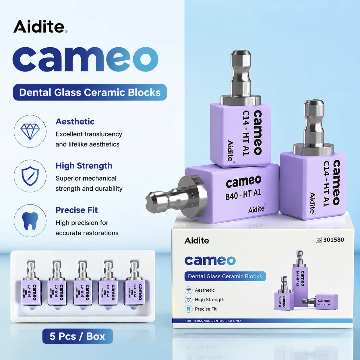 5Pcs/Box Lithium Disilicate Ceramic Blocks, C14 HT/LT Translucency for CAD/CAM Dental Veneer & Crown Materials