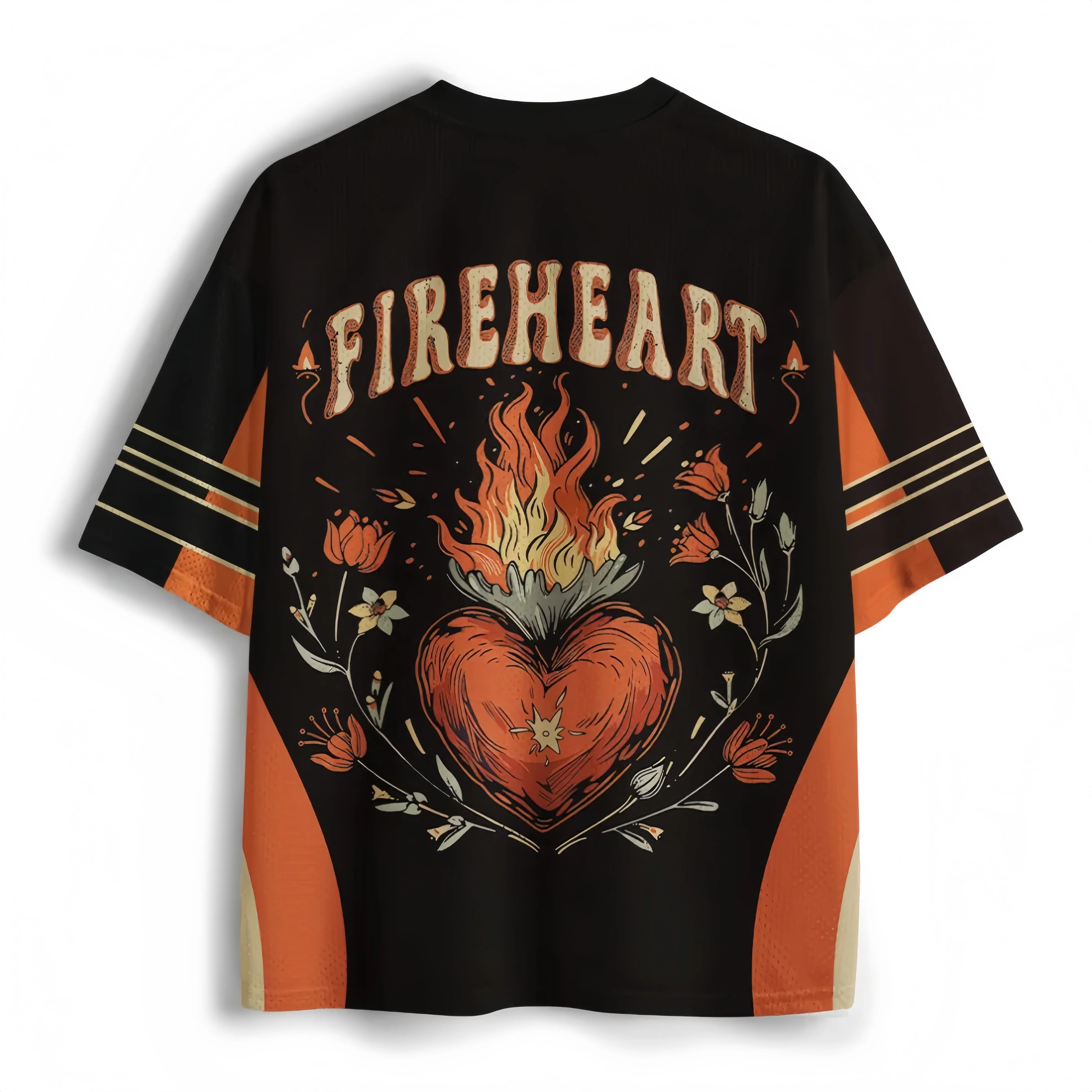 2026 New Gothic Retro Fire Heart Flower Mesh Rugby Jacket V-neck Loose Casual Street Trendy Breathable Short Sleeve T-shirt