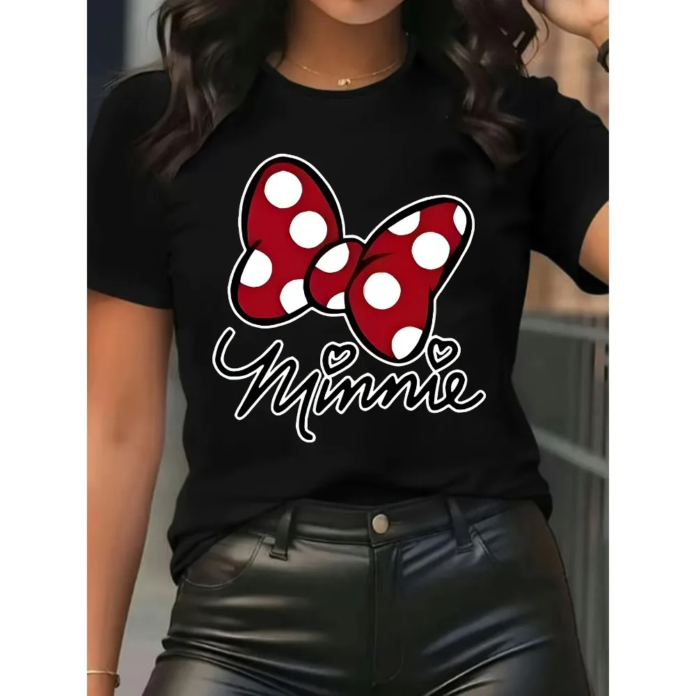 Minnie style Red Polka Dot Bow and Handwritten Minnie Pattern Summer Short Sleeve Fashion Harajuku Kawaii T-shirt Y2K Clothing