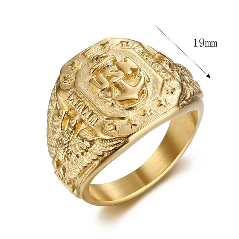 Hip Hop Bling Gold Color Stainless Steel US Navy USN Eagle Anchor Ring chunky Men Signet Rings for Men Jewelry Plus Size 8-15