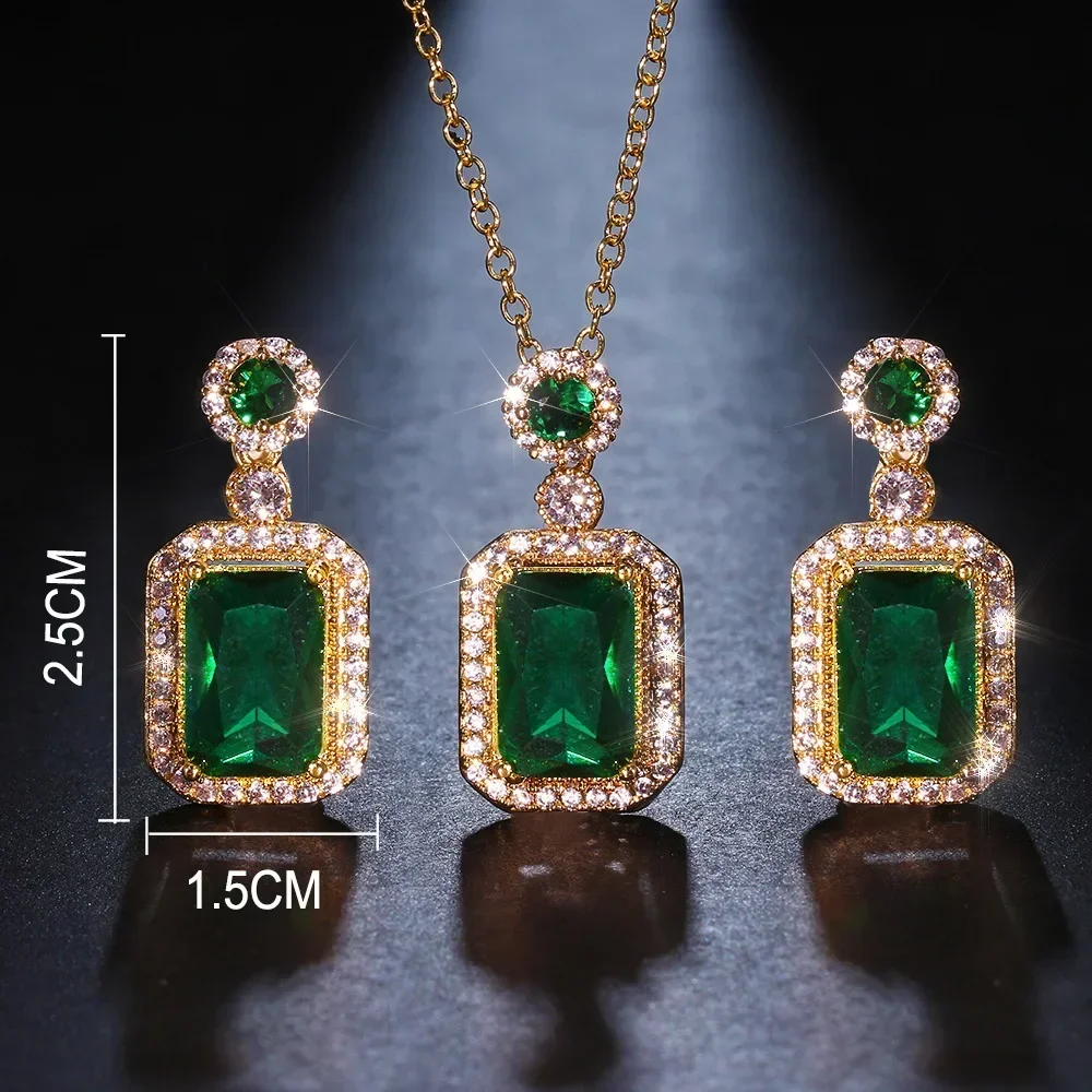 Luxury Emerald Color Earring Necklace Rings Set For Woman Stainless Steel Zircon Rectangle Pendant Necklace Party Jewelry Gift