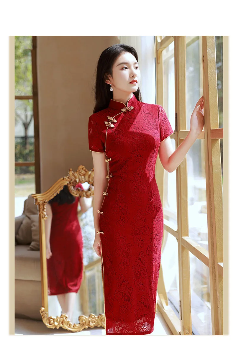 Cheongsam de manga corta para mujer, vestido de encaje Vintage mejorado, ajuste Delgado, elegante, rojo vino, boda, S a XXL