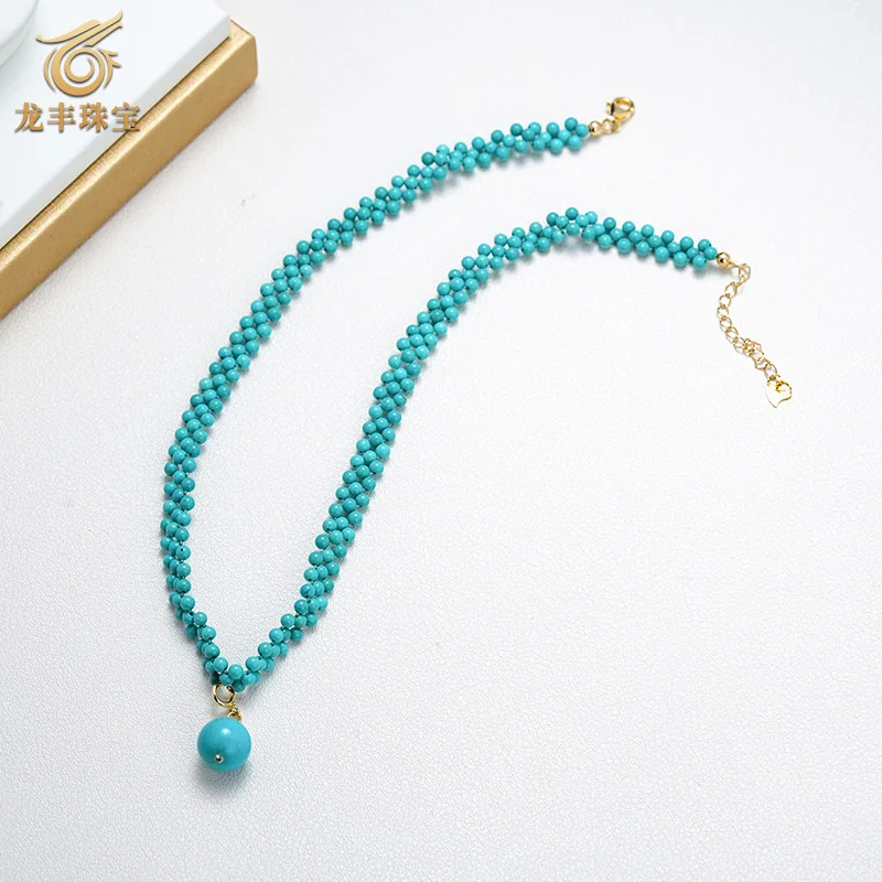 

S925 Silver Plated 18K Gold Natural Turquoise Round Beads Women's Necklace