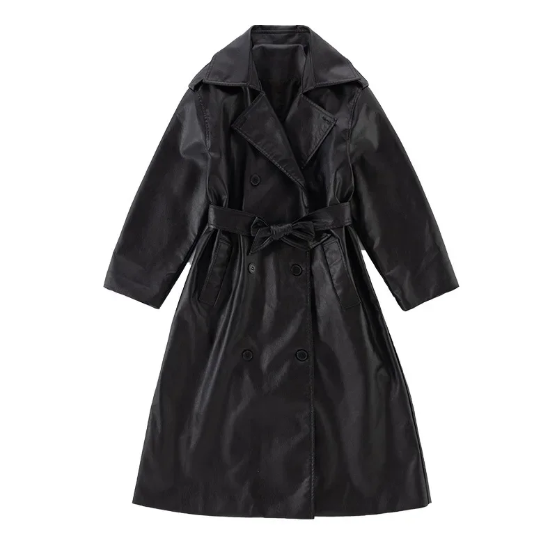 Teen Girls Trench Coats Autumn Black PU Leather Long Overcoat 6 To 14 Years Children Jacket Tops Fashion Casual Kids Outerwear