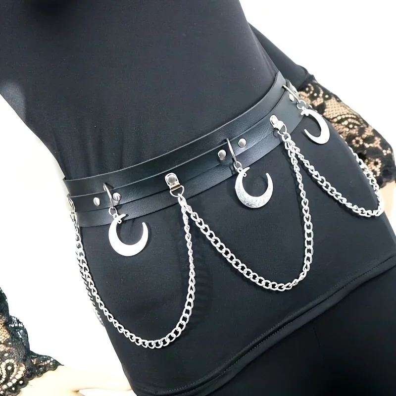 Moon Pendant Chain Fringe Goth Belt Punk Black PU Leather Belts Vintage Waistband For Women Girls_maomaolike.com
