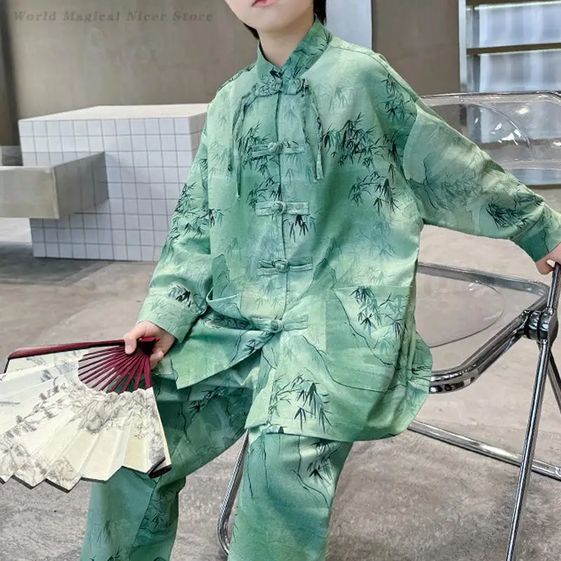 Spring Autumn New Boys' Tang Costume Retro Ancient Hanfu New Chinese Print Children's Set Kids Loose Casual Traditional Clothing