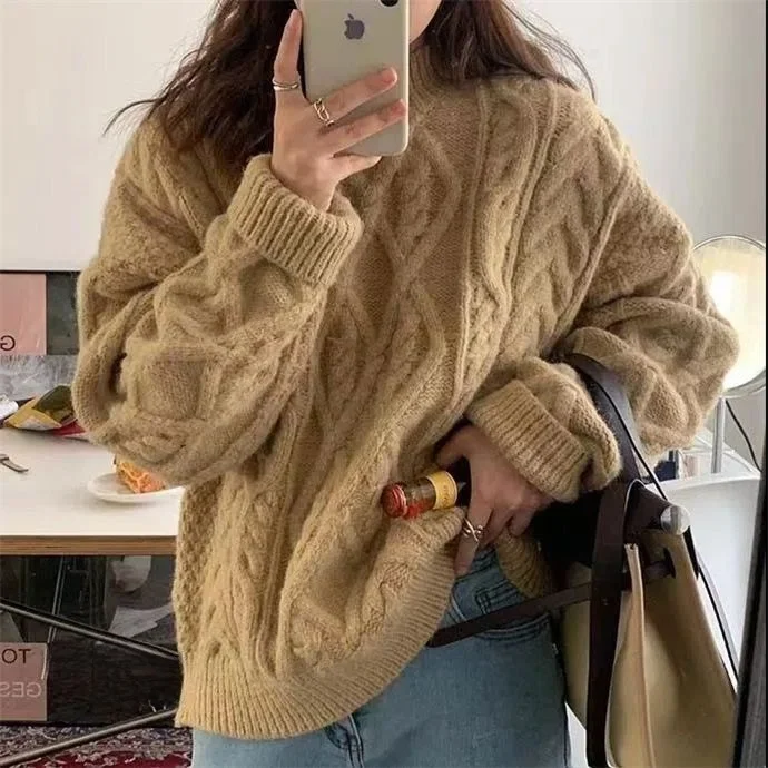 

Pink Bear Fur Twist Knit Sweater Women's Autumn Winter Thiened Lazy Sle round Ne Overhead Knitted irt Long Sve