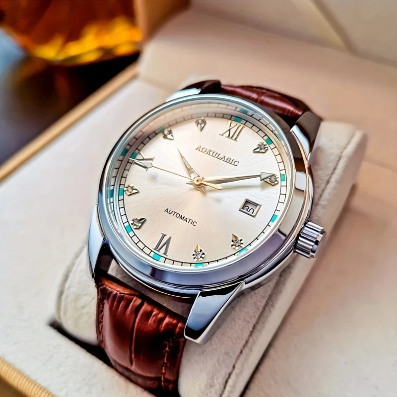 Luxurious Men's Casual Automatic Mechanical Watch, with Date Display, Skeleton Design, Leather Strap, Self-Winding, Suitable for Business and Daily Wear, Casual Style Watch, Battery-Free, the Best Gift for Him