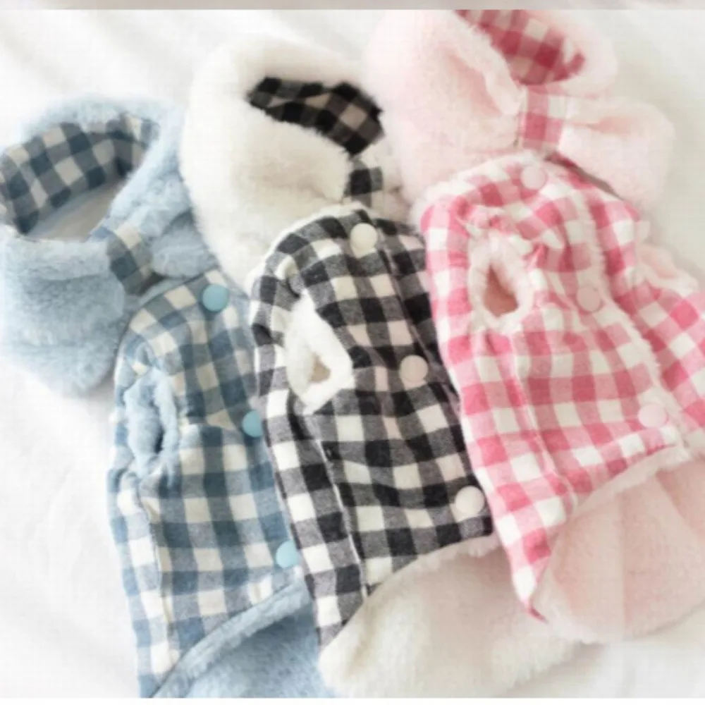 Pet Autumn Winter Plush Plaid Coat Double-sided Wearable Matching Cute Double-sided Scarf Cute Set Dog Clothes for Small Dogs