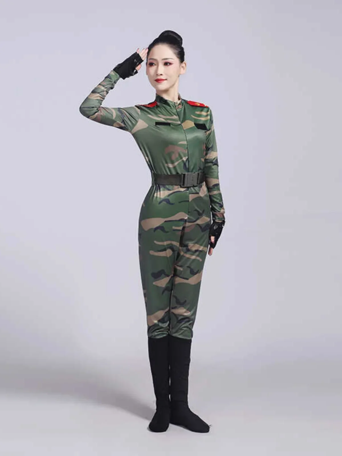 Disfraz de baile militar para hombre y mujer, traje de actuación de camuflaje, conjunto de 4 piezas de mono moderno para baile de grupo de soldados masculinos y femeninos