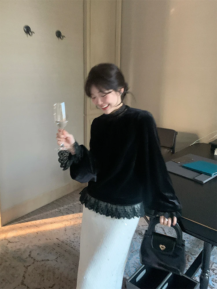 

Vintage Bla Velvet Loose Fit round Ne irt Women's Slimming Top Bal Casual Long Sve Faion Spring Season