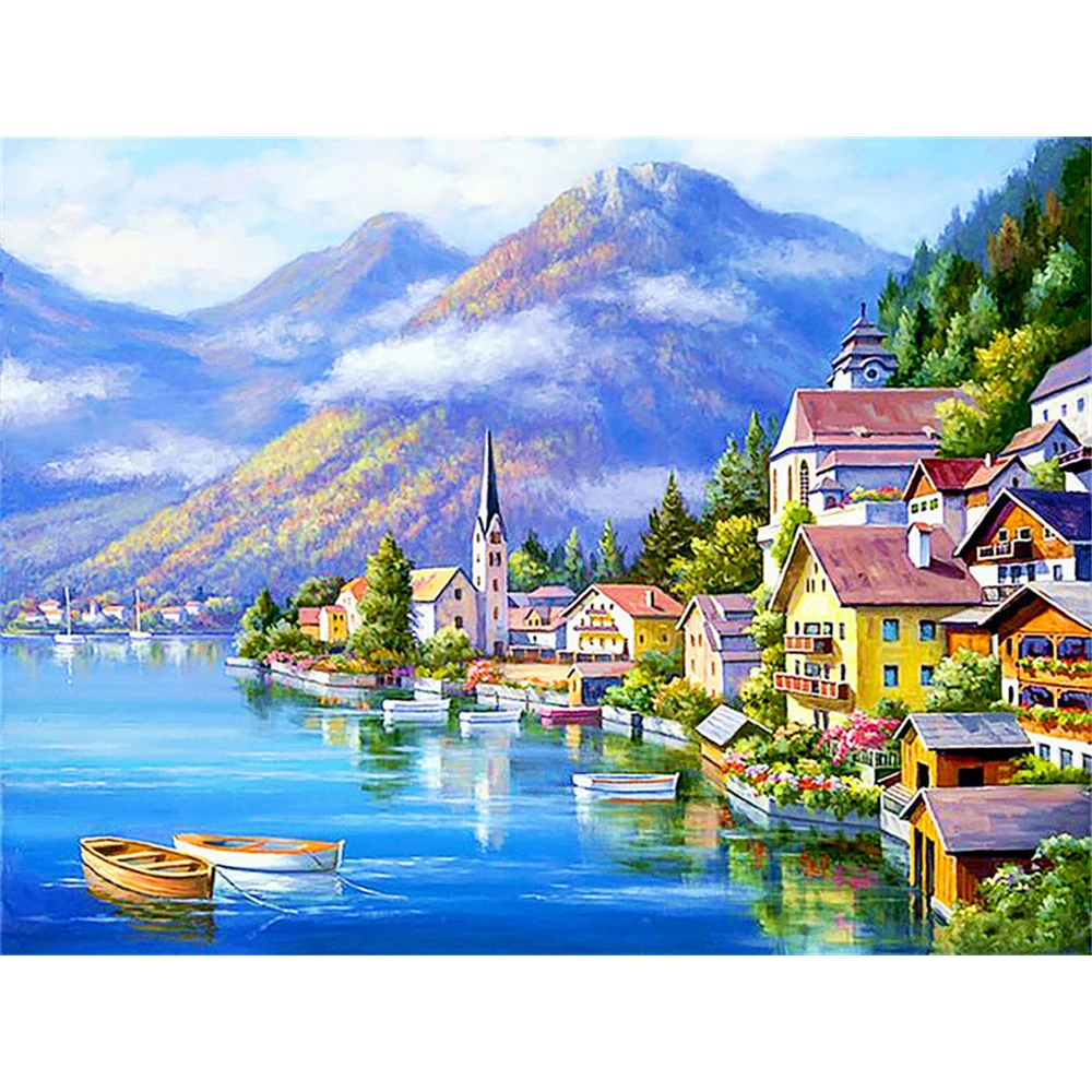 Landscape Town Seaside Pre-Printed 11CT Cross Stitch Patterns Embroidery DMC Threads Painting Handiwork Knitting      Decor