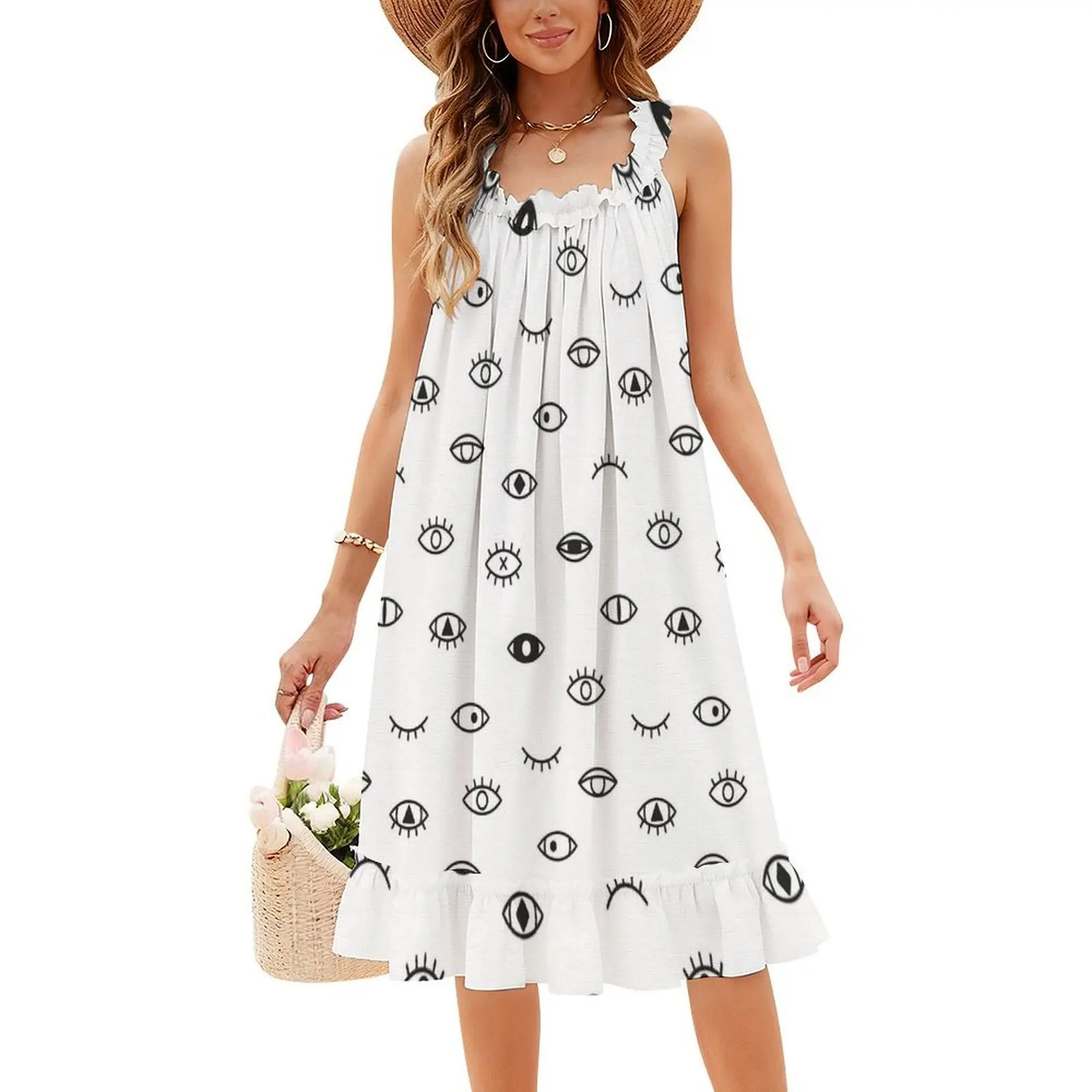 عيون موجودنا فستان بوهيمي بدون أكمام متعدد الطباعة فستان حفلات عطلة الشاطئ عيون إسكندنافية رموش باللون الأسود #4