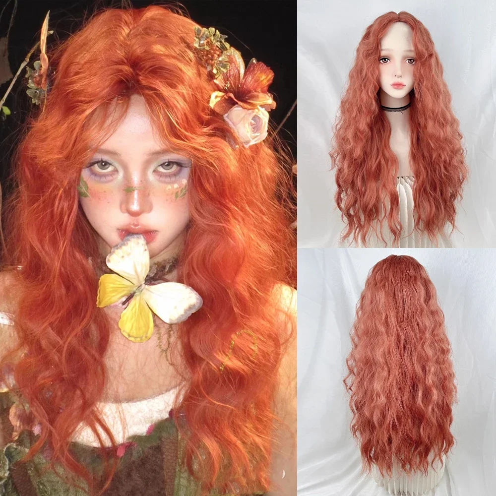 Synthetic Wigs Middle Part Lolita Orange Long Wavy Curly Cosplay Fluffy Women Heat Resistant Wig for Daily Party