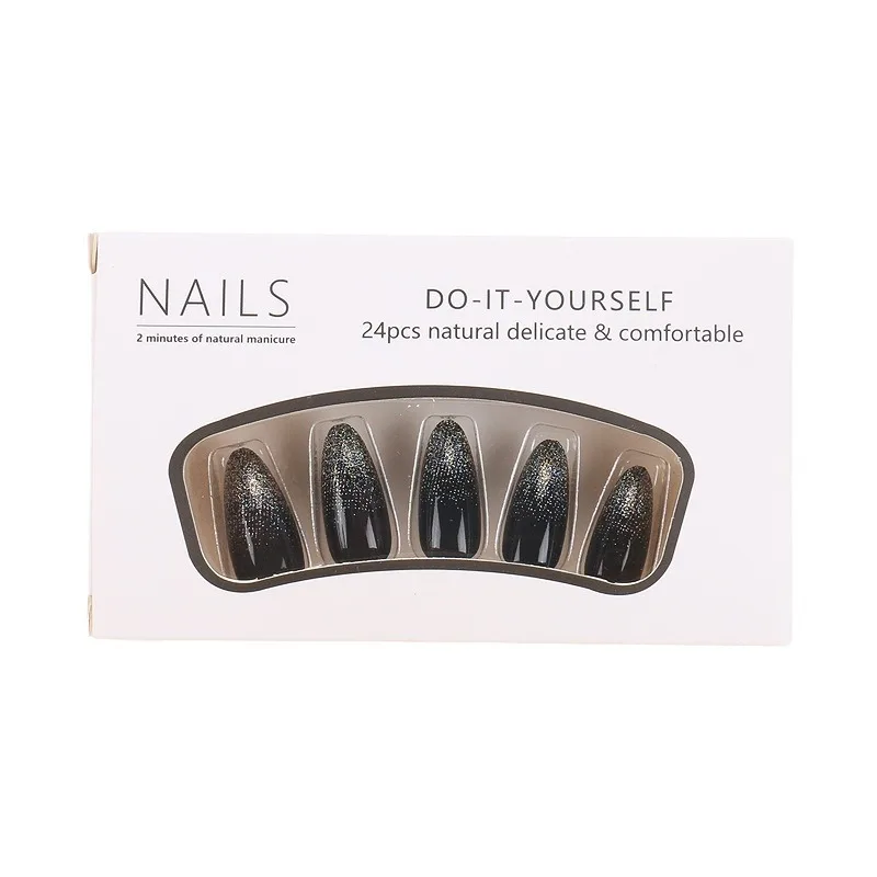 

Wearing nail, water drop-shaped black color gold powder nail art tablets, 24 finished pieces, removable fake nail patches