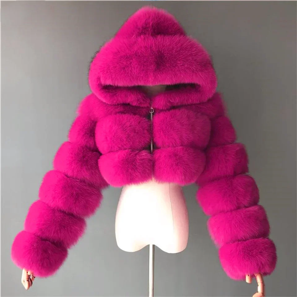 New Winter Women Faux Fox Fur Coat Thick Warm High Quality Full Sleeves Fur Fashion Hooded Fluffy Short Faux Fur Jacket Crop Top