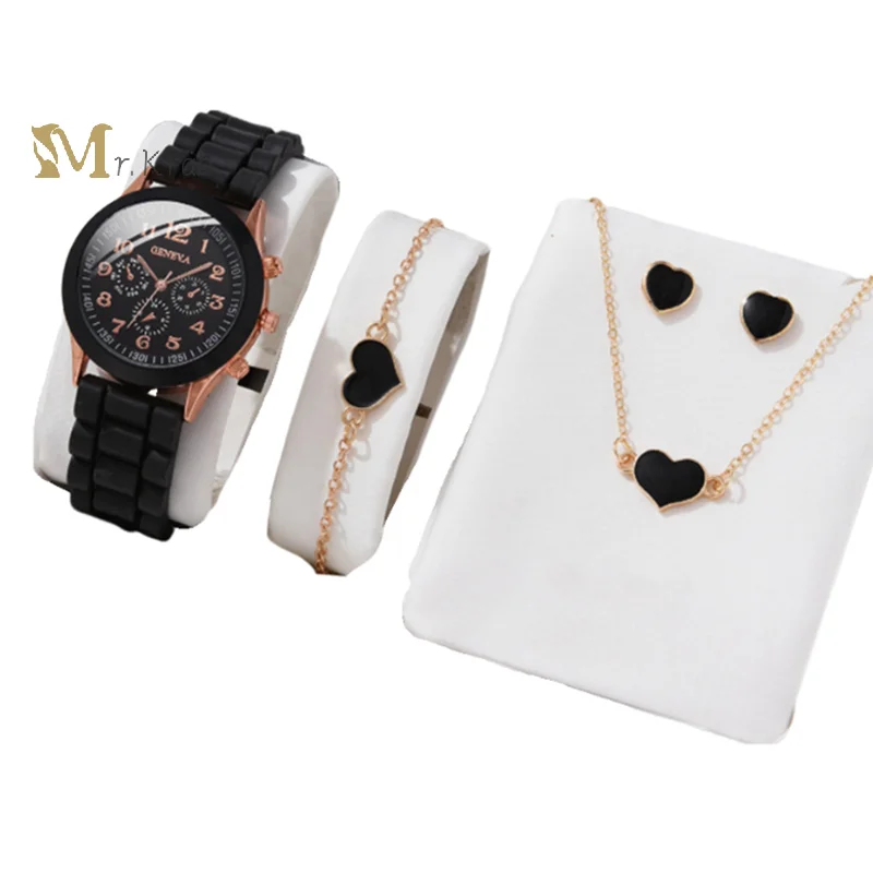 5/6PCS Luxury Watch Women Ring Necklace Earrings Bracelet Set Fashion Heart Butterfly Jewelry Ladies Quartz Wristwatch