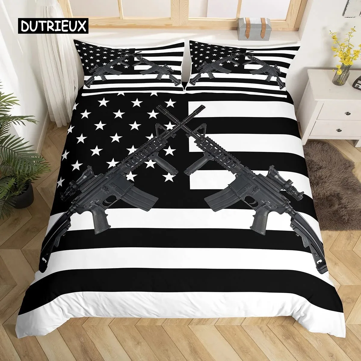 American Flag Duvet Cover Machine Gun Comforter Cover Queen King Polyester Quilt Cover USA Federations Stars Stripe Bedding Set