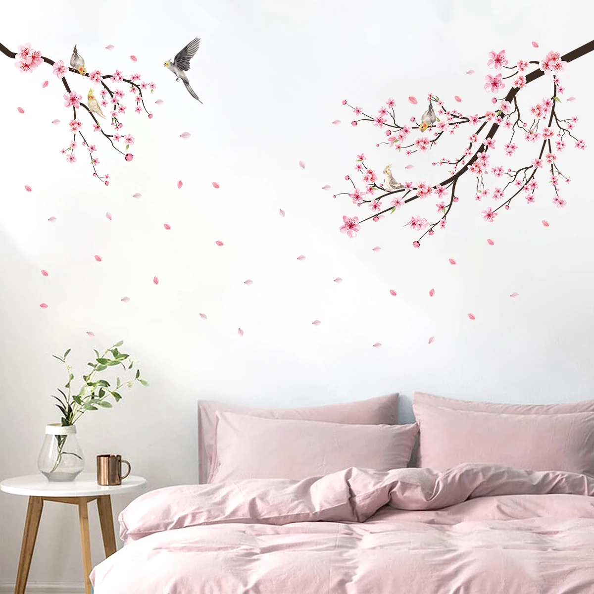 1Pc Watercolor Bird Sakura Flower Wall Stickers Living Room Wall Decals Home Essentials Decoration Decor for Kids Room Bedroom