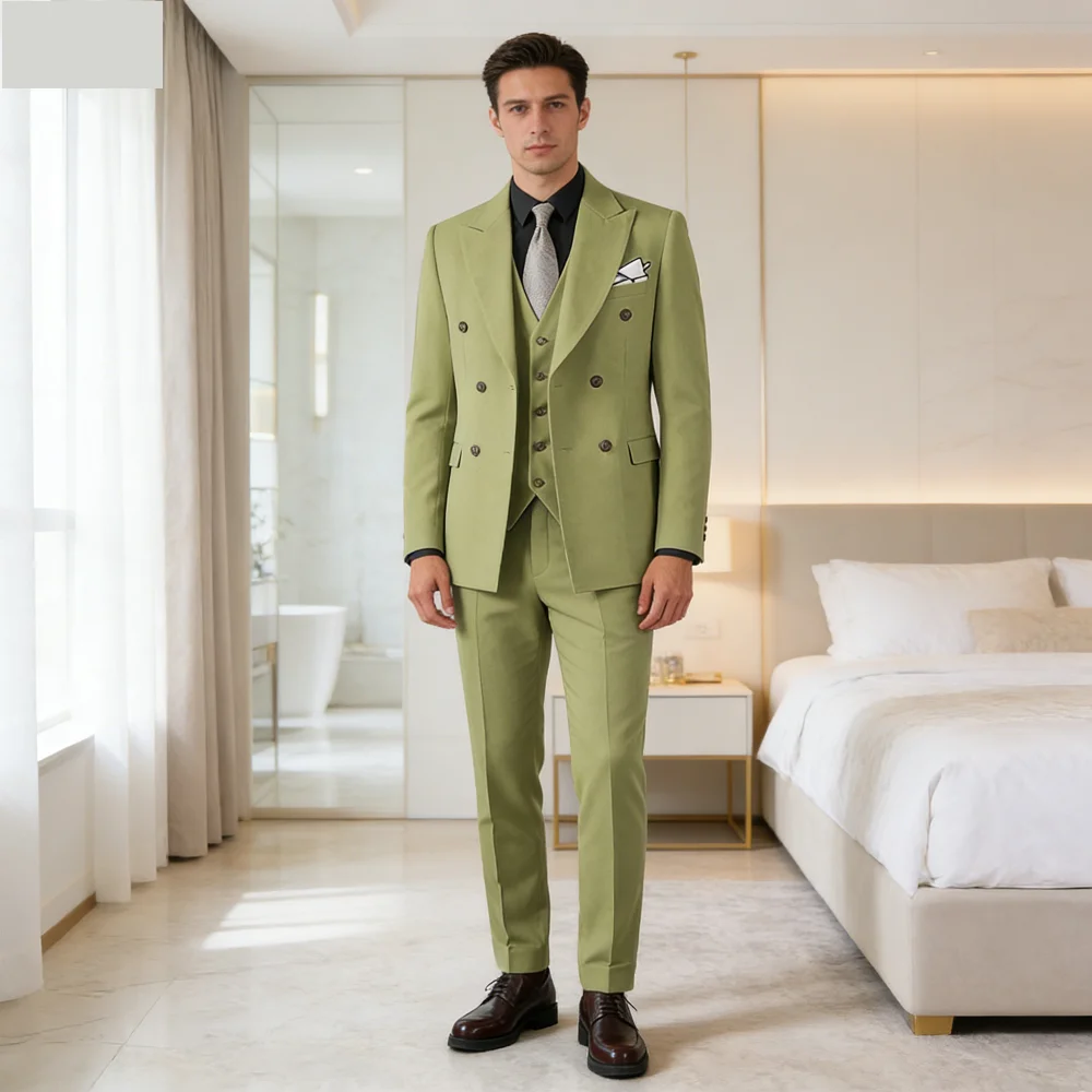 

Customizable Men's White Terno Three-Piece Suit with Cream Lapel Jacket Pants Vest Set with Chest Buckle Adjustment