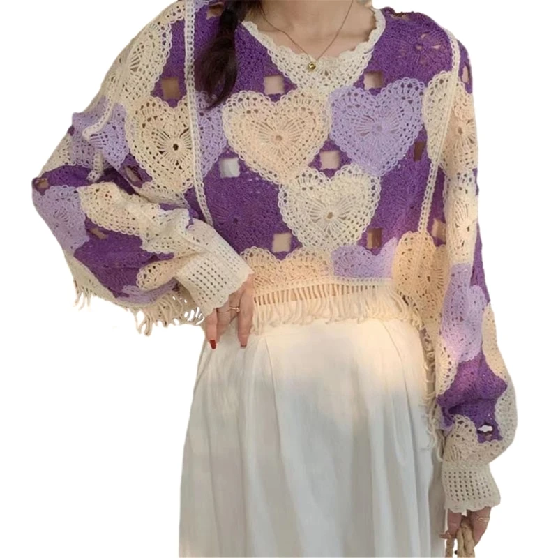Women Long Sleeve Tassels Hem Pullover Crop Top Heart Pattern Hollow Out Crochet Knit Loose Sweater Cover Up
