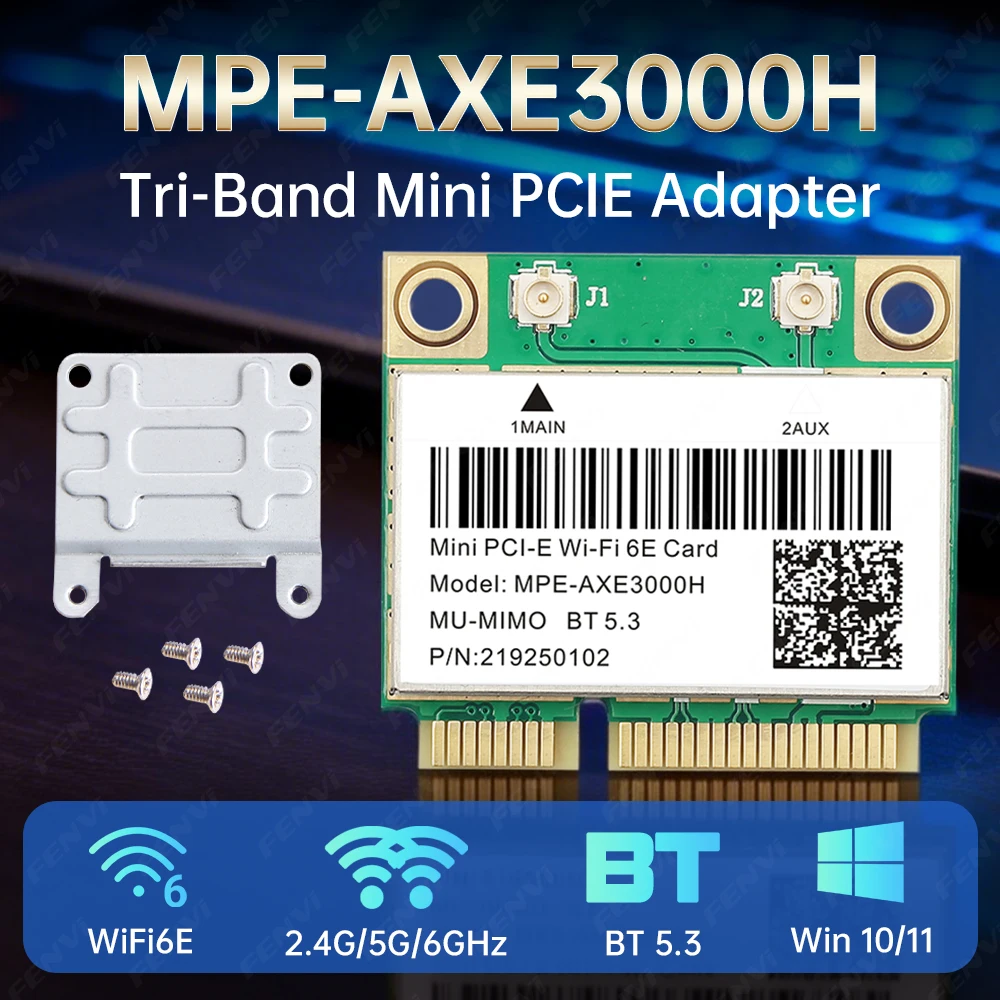 Cartão WiFi 6E MPE-AXE3000H BT5.3 Mini PCI-E, 5374Mbps, Tri Banda 2.4G/5G/6Ghz, Adaptador de Rede Sem Fio 802.11AX para Win10