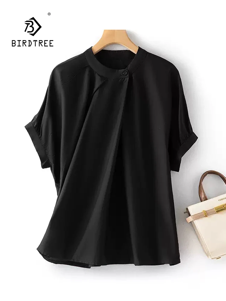 

BirdTree, 70%Real Silk Elegant Shirt, Women Short Sleeve O Neck, Fold Loose Commute Simplicity Blouse, 2024 Summer New T45407QC