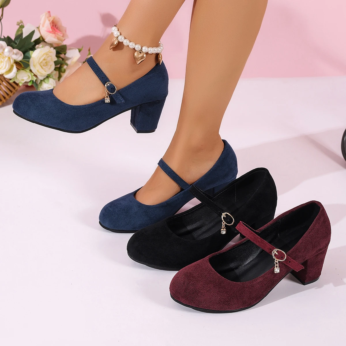 Damen High Heels Mary Jane Schuhe mit Riemen Schwarz Party Hochzeit Büroschuhe Elegante Bequeme Große Größen Pumps – Detail 13