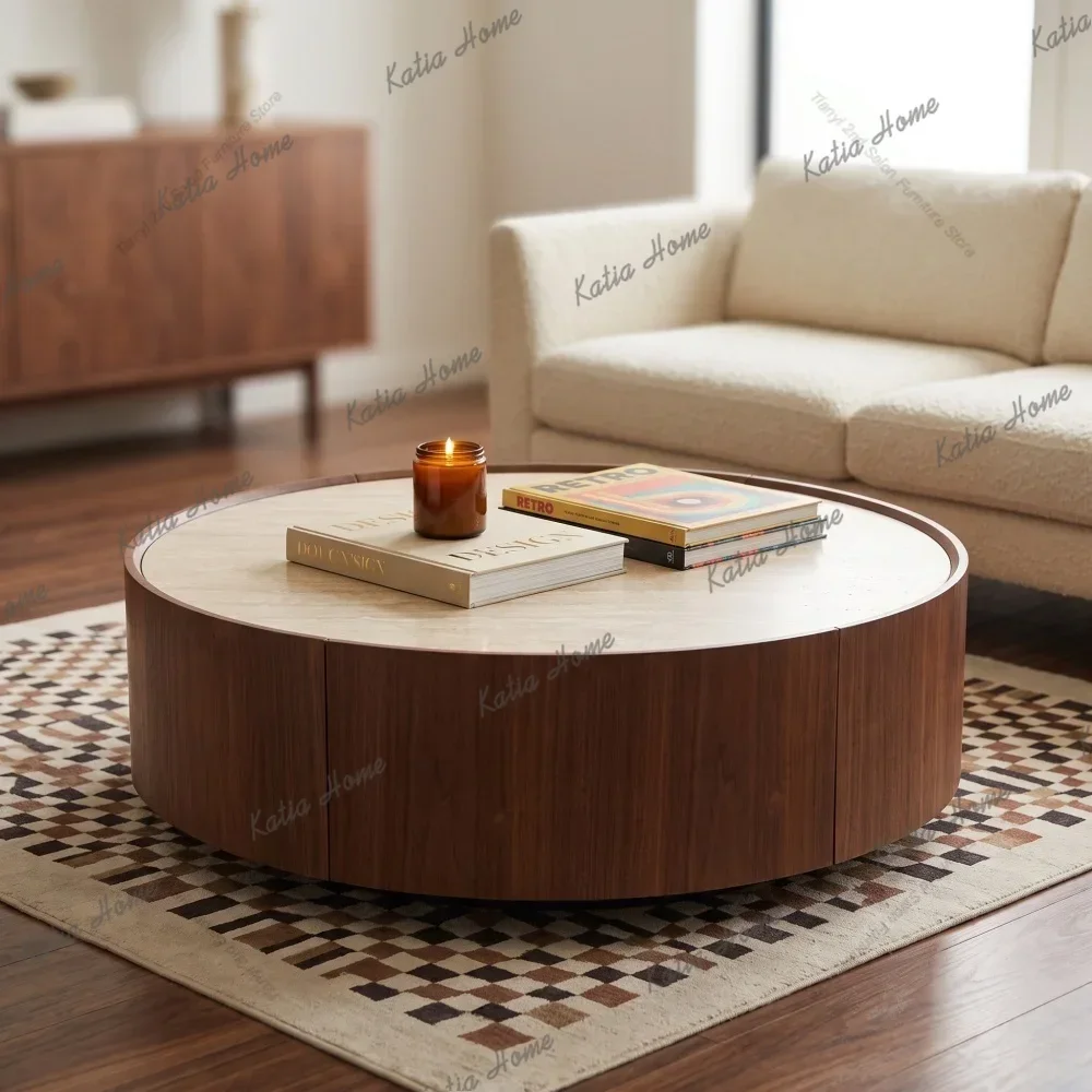 LSRound Coffee Table, with A Sintered Stone Top Featuring Inlaid Details and Natural Walnut Veneer, Incorporating Storage Space
