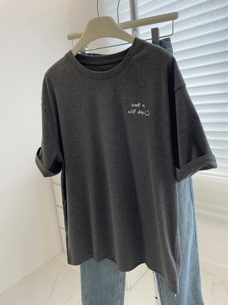 Damska koszulka plus size 300 Pou z nadrukiem małych liter, luźna, wyszczuplająca, z okrągłym dekoltem, na wiosnę i lato, casualowa.