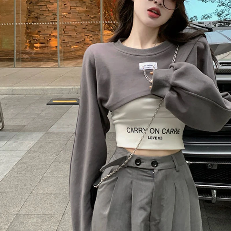 O Neck Chain Irregular Y2k Sweatshirts 2022 Fashion Korean Crop Tops Harajuku Punk Gothic Streetwear Women\'s Clothing Camis Suit