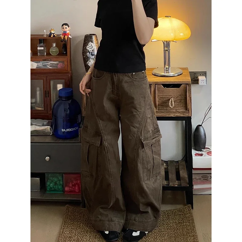 

American Vintage 2000s Style High Waist Brown Jeans Pants 2025 Summer Women's Baggy Y2K Wide Leg Denim Trouser Female Clothes
