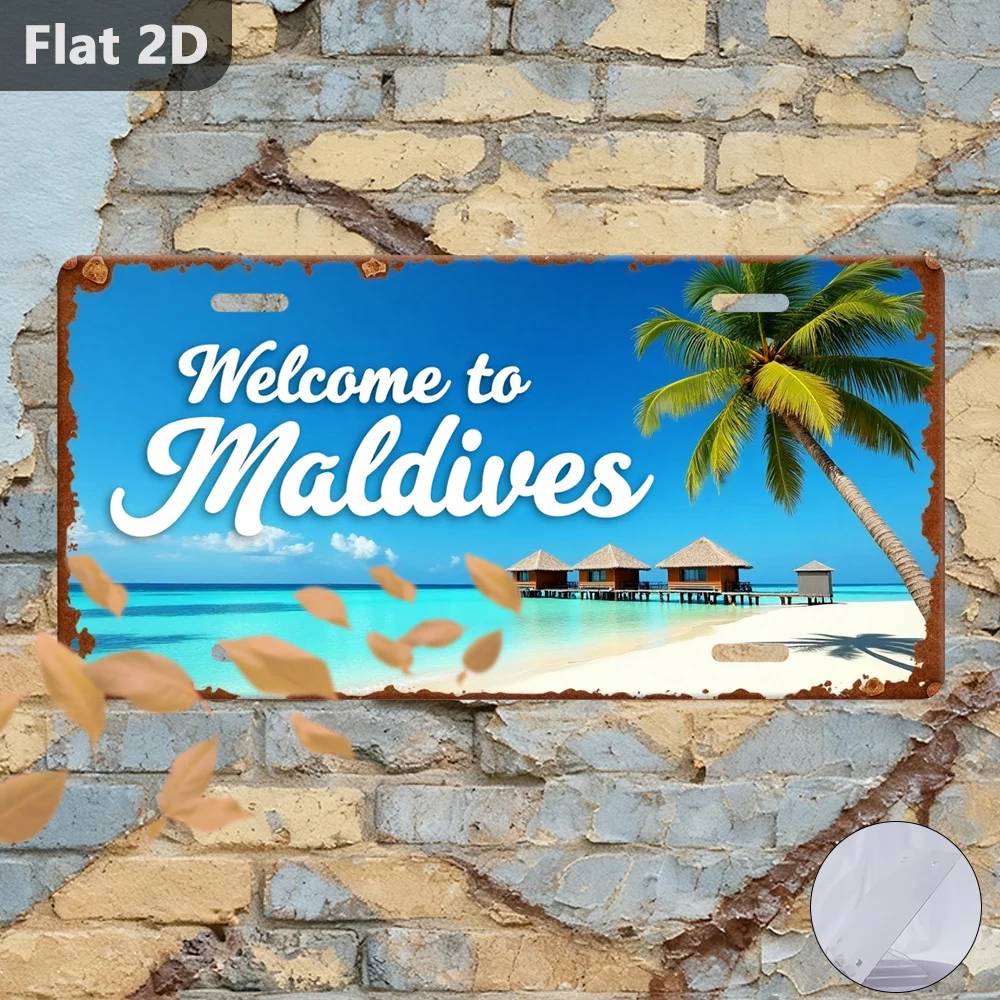2D Flat, 1pc Vintage Maldives Welcome Sign - Tropical Beach Wall Decor with Palm Trees, Ocean & Maldives Text - Rustic Decorativ