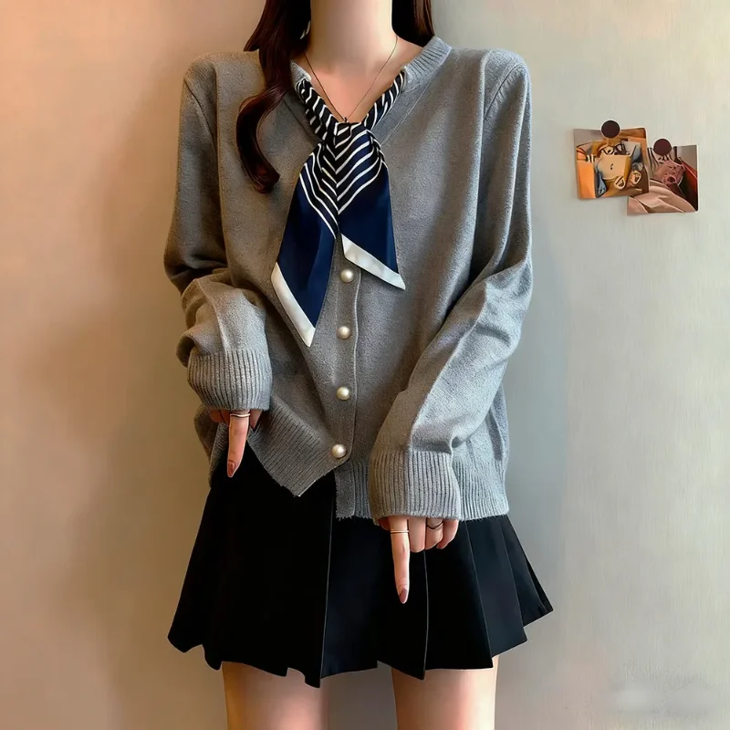 

Французский шелковый шарф, вязаный кардиган с длинными рукавами, модный женский повседневный топ на пуговицах