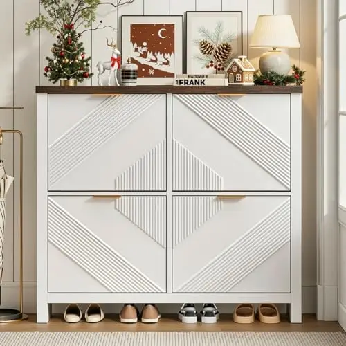 Shoe Cabinet with 4 Flip Drawers & Symmetric Groove Pattern for Entryway | 44.5''W x 9.2''D x 39.4'' White Fit for