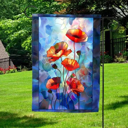 Poppy Stained Glass Garden Flag Spring Floral Welcome Yard House Decor ZZY