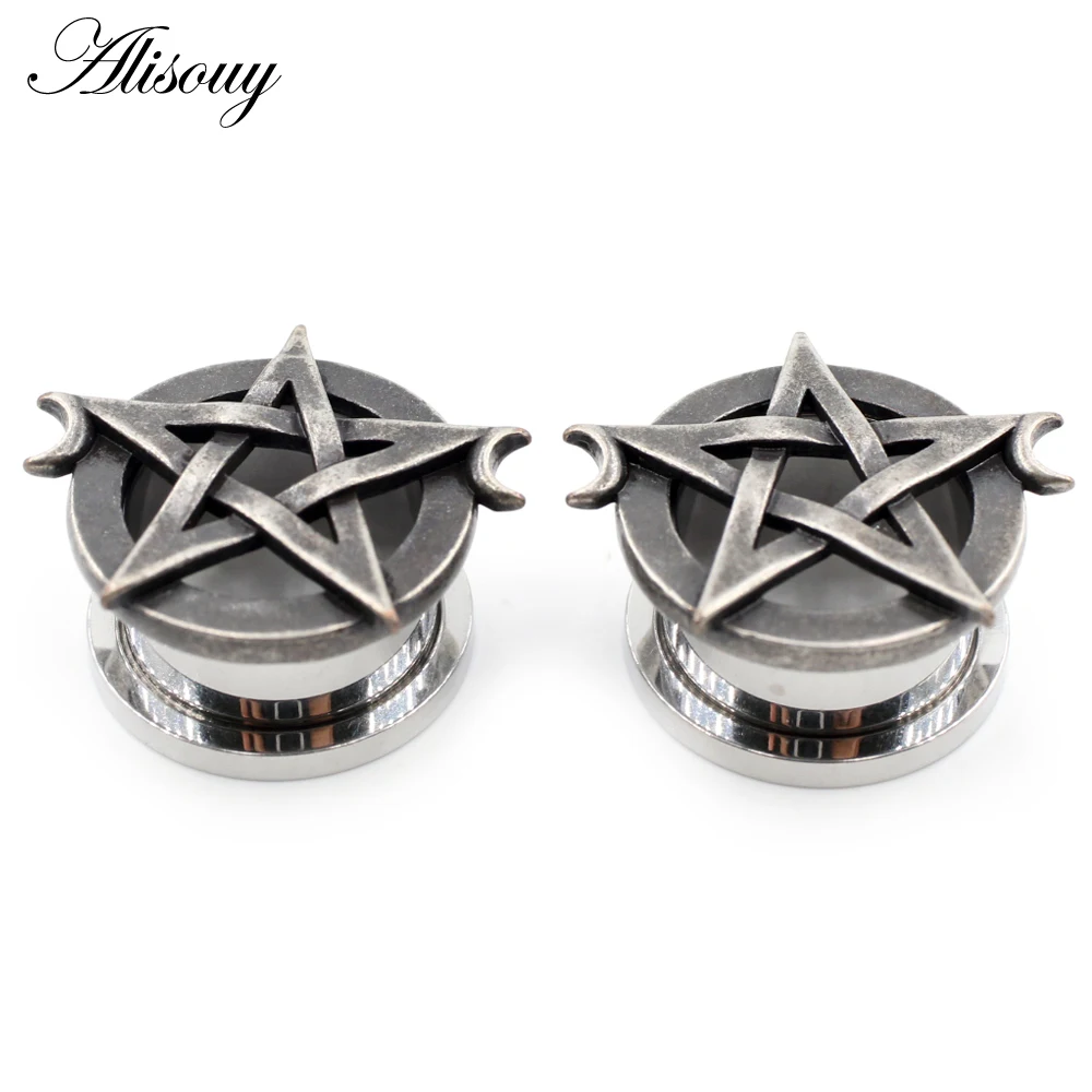 Alisouy 2pcs 8mm-25mm Punk Stainless Steel Star Moon Unscrew Ear Tunnels Plugs Expander Stretcher Gauges Body Piercing Jewelry