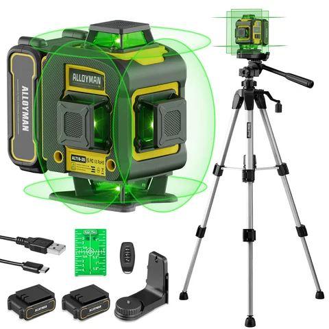 Laser Level with Tripod, Alloyman 4x360° Self Leveling Laser Level, Green Line Laser 4D Laser Leveler Tool with 2Pcs Lithium Bat
