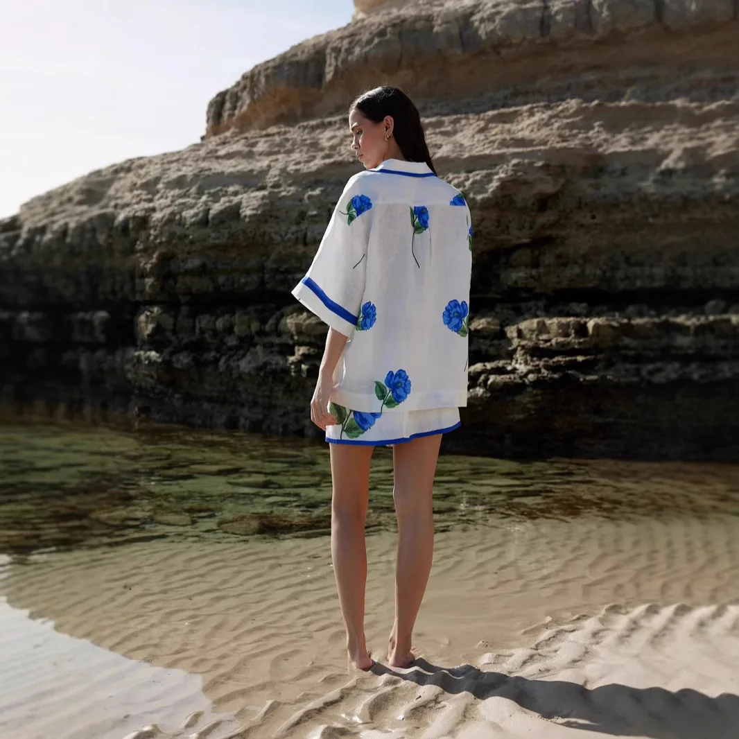 Mode bedrukte top met halve mouwen en korte rok voor dames zomer casual revers button-up shirt en korte rok